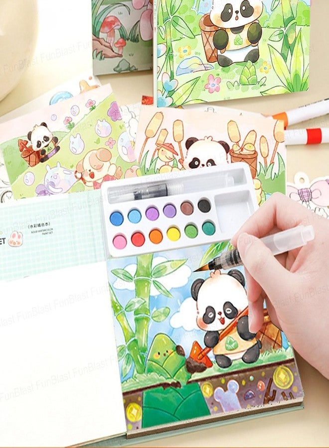 HELIMIX Watercolor Painting Book Set for Kids- DIY Graffiti Coloring Note-Book with Watercolor Panda Desing 12 Colours Solid with Brush Craft Activity Book for Boys & Girls (Panda) - Image 1